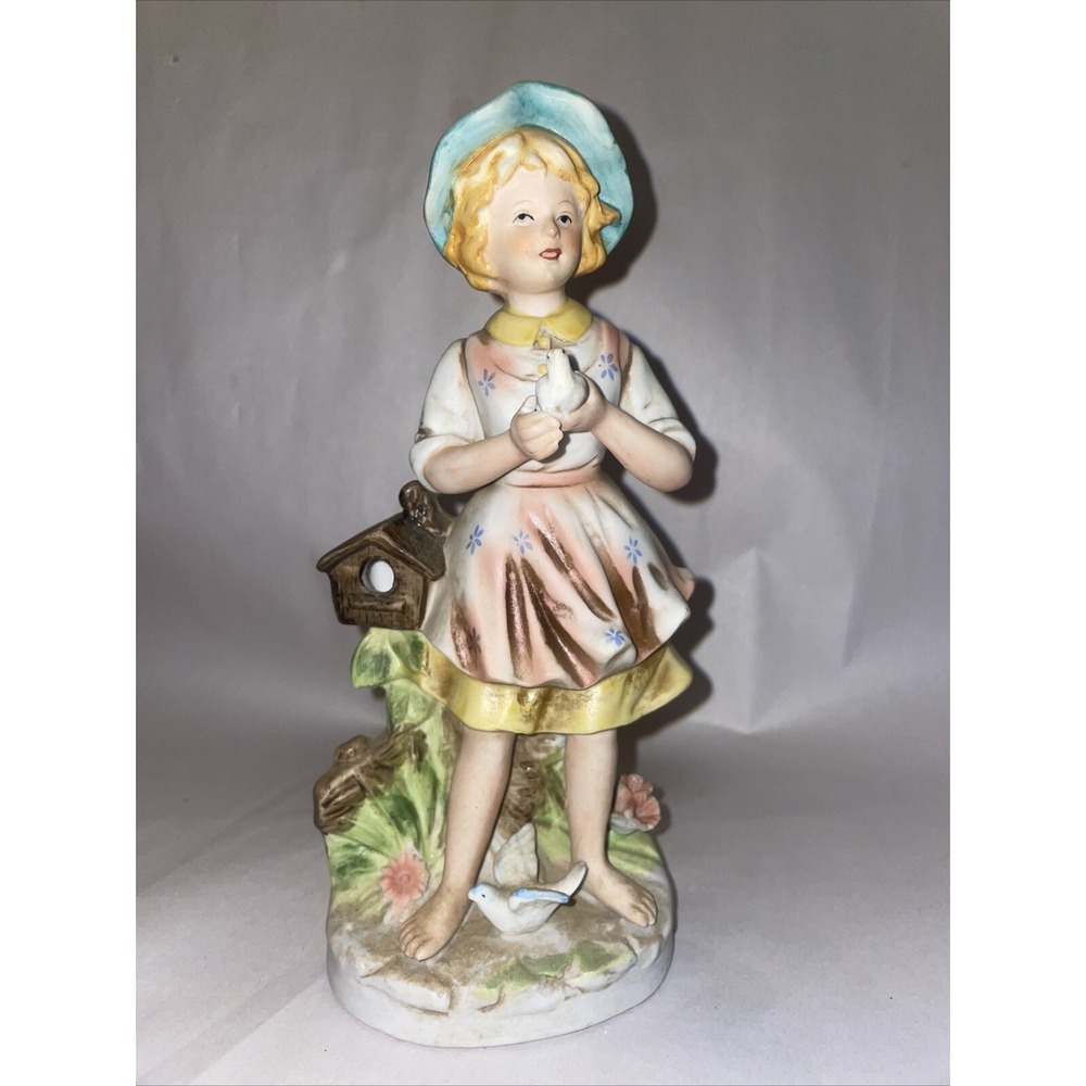 Pair Of 8" HOMECO FIGURINEs‎ YOUNG GIRL And BOY IN HATs HOLDING BIRDs